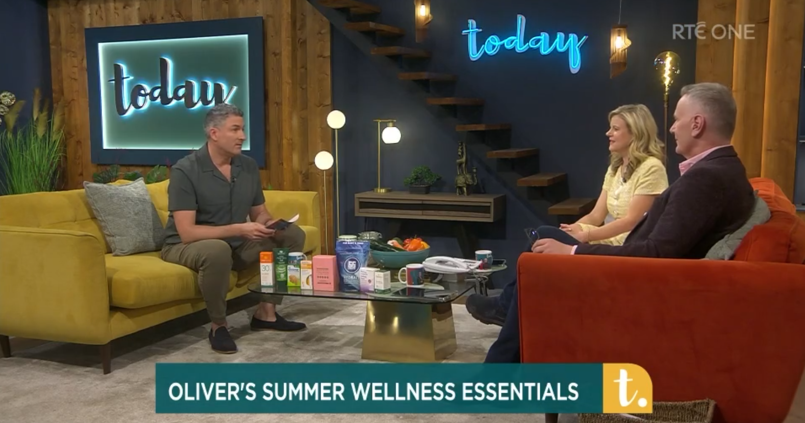 A screenshot from the RTÉ Today show featuring Oliver McCabe discussing G&G Hydrate as part of his Hubble Health Summer Essentials segment.